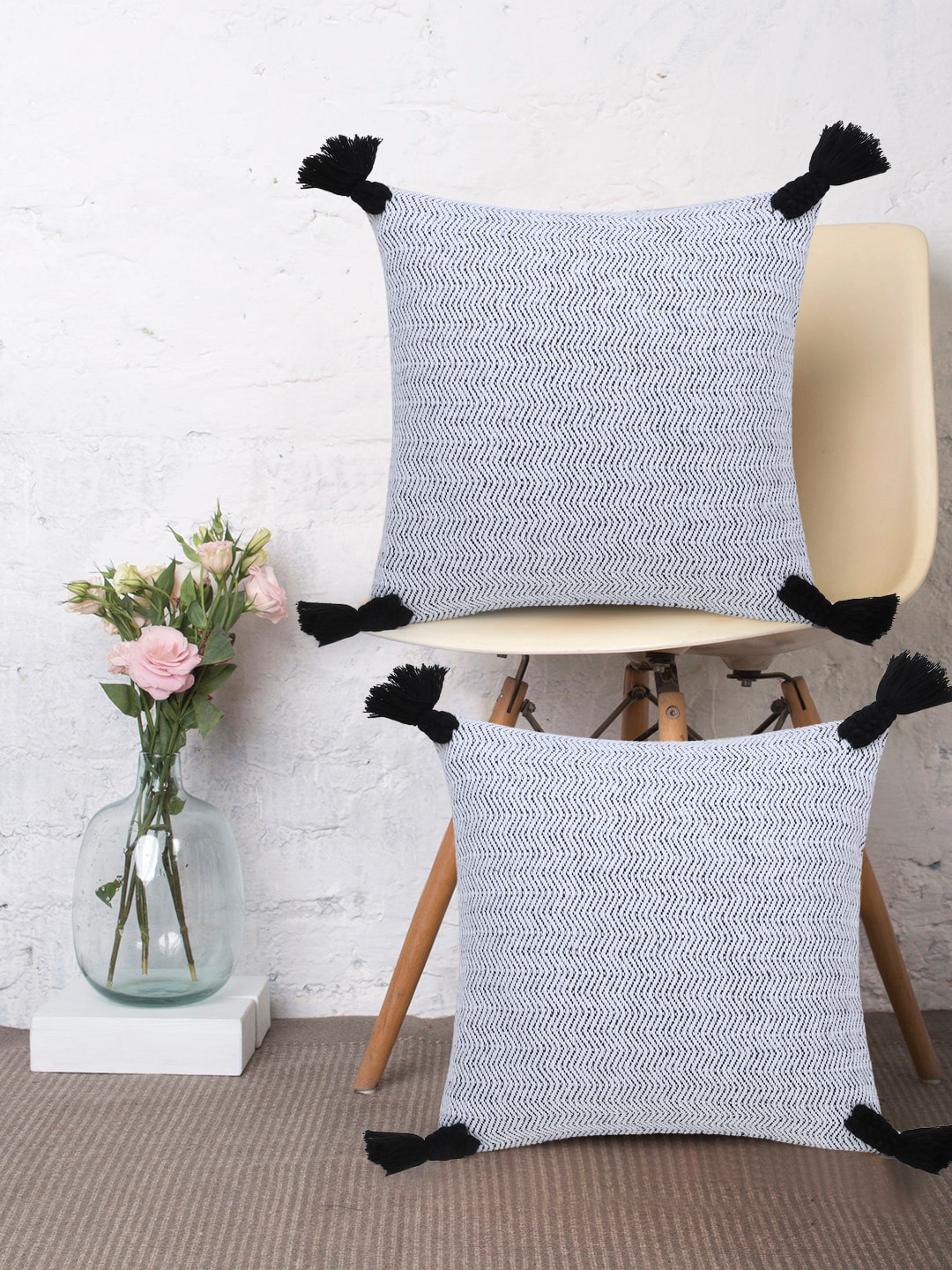 

Mezposh White & Black Set of 2 Self Design Square Cushion Covers