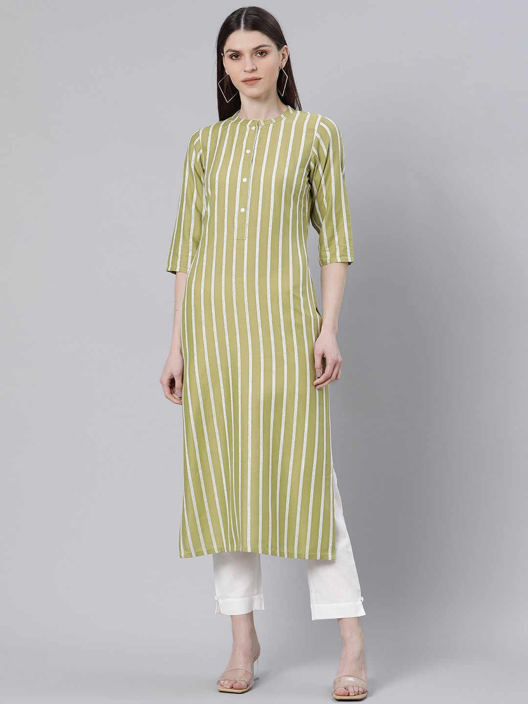 

Gerua By Libas Women Olive Green White Striped Thread Work Kurta