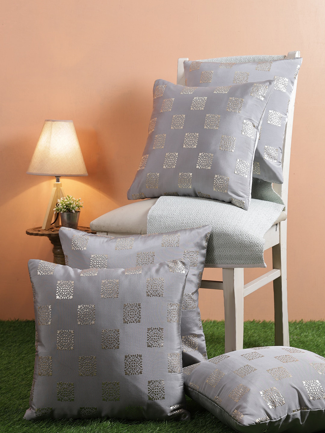 

ROMEE Grey Melange & Gold-Toned Set of 5 Ethnic Motifs Square Cushion Covers