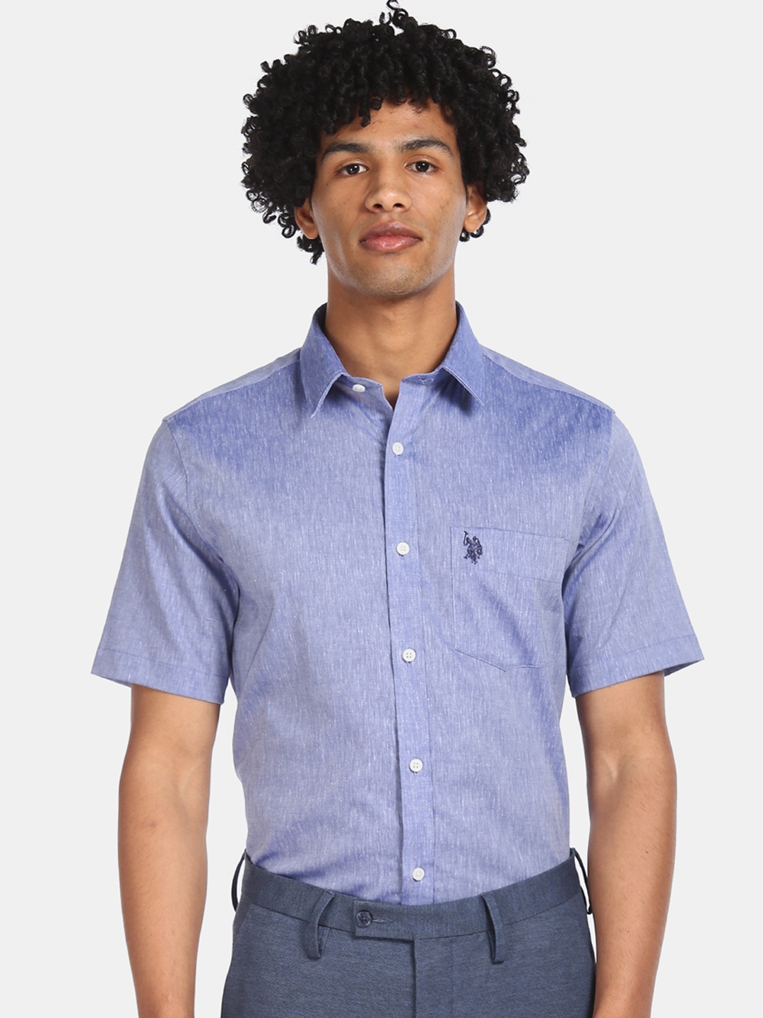 

U.S. Polo Assn. Men Blue Regular Fit Solid Cotton Formal Shirt