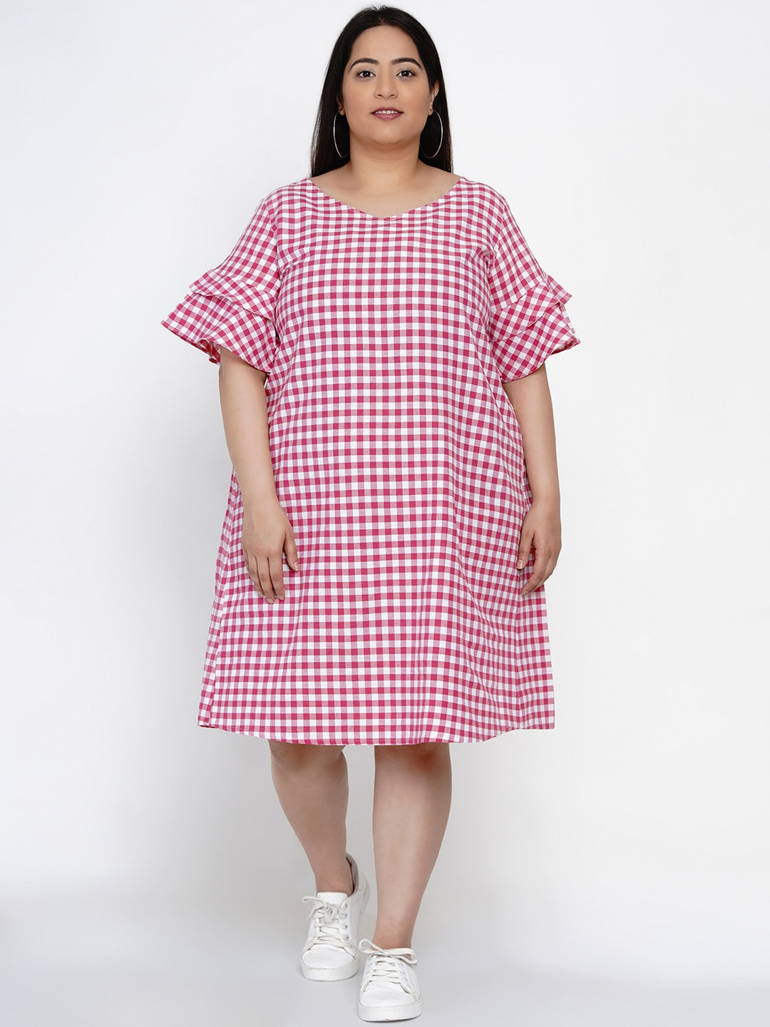 

Fabnest Curve Women Pink & White Checked Plus Size Sheath Dress