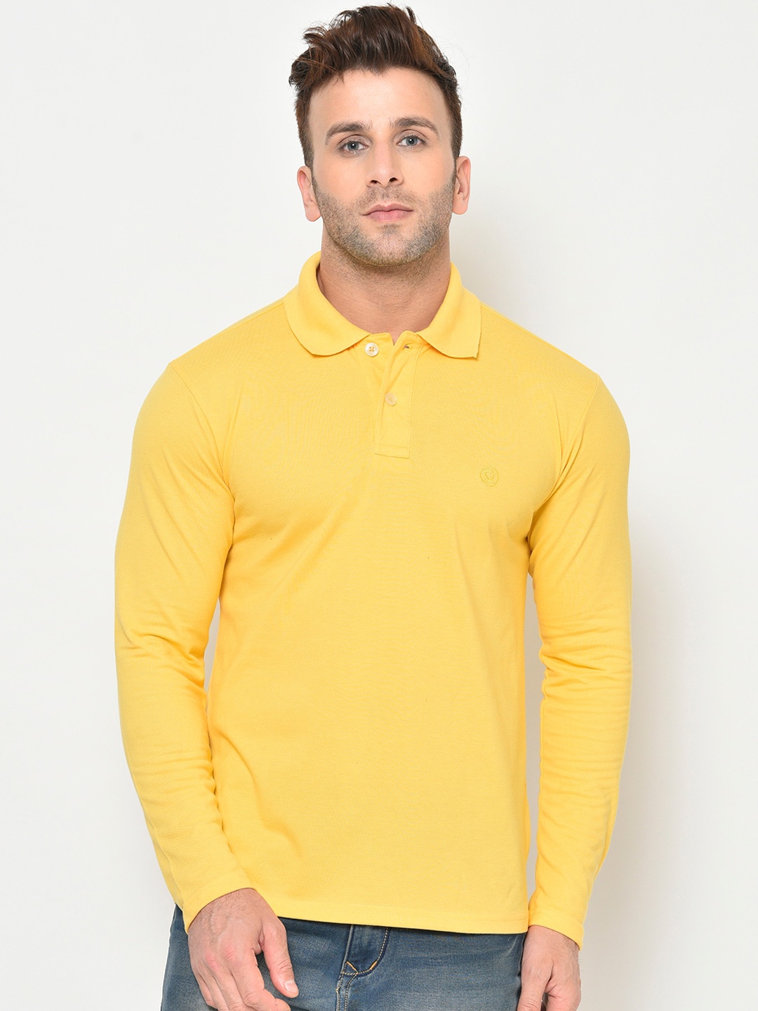 

CHKOKKO Men Yellow Solid Polo Collar T-shirt
