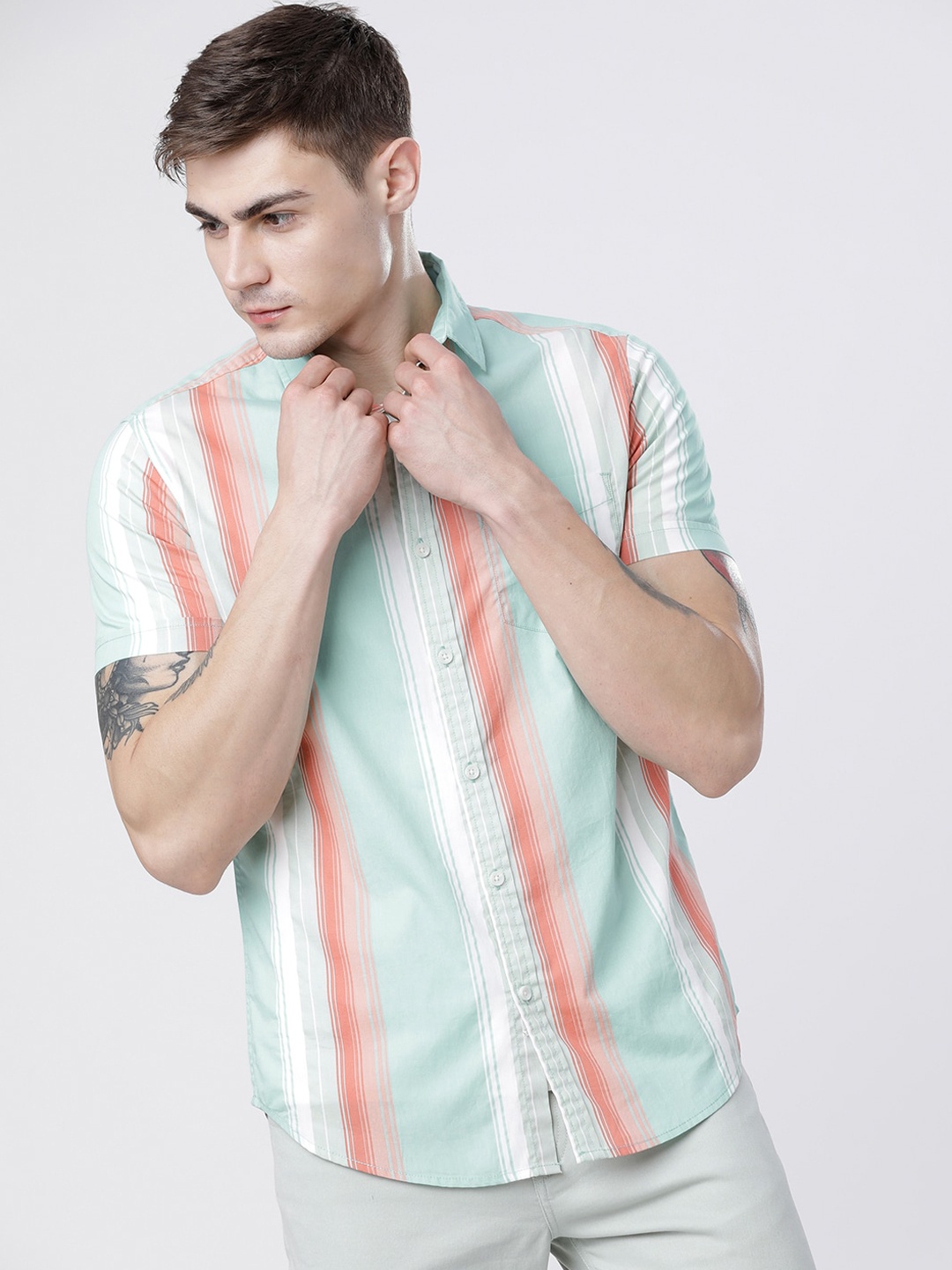 LOCOMOTIVE Men Green & Red Slim Fit Striped Casual Shirt