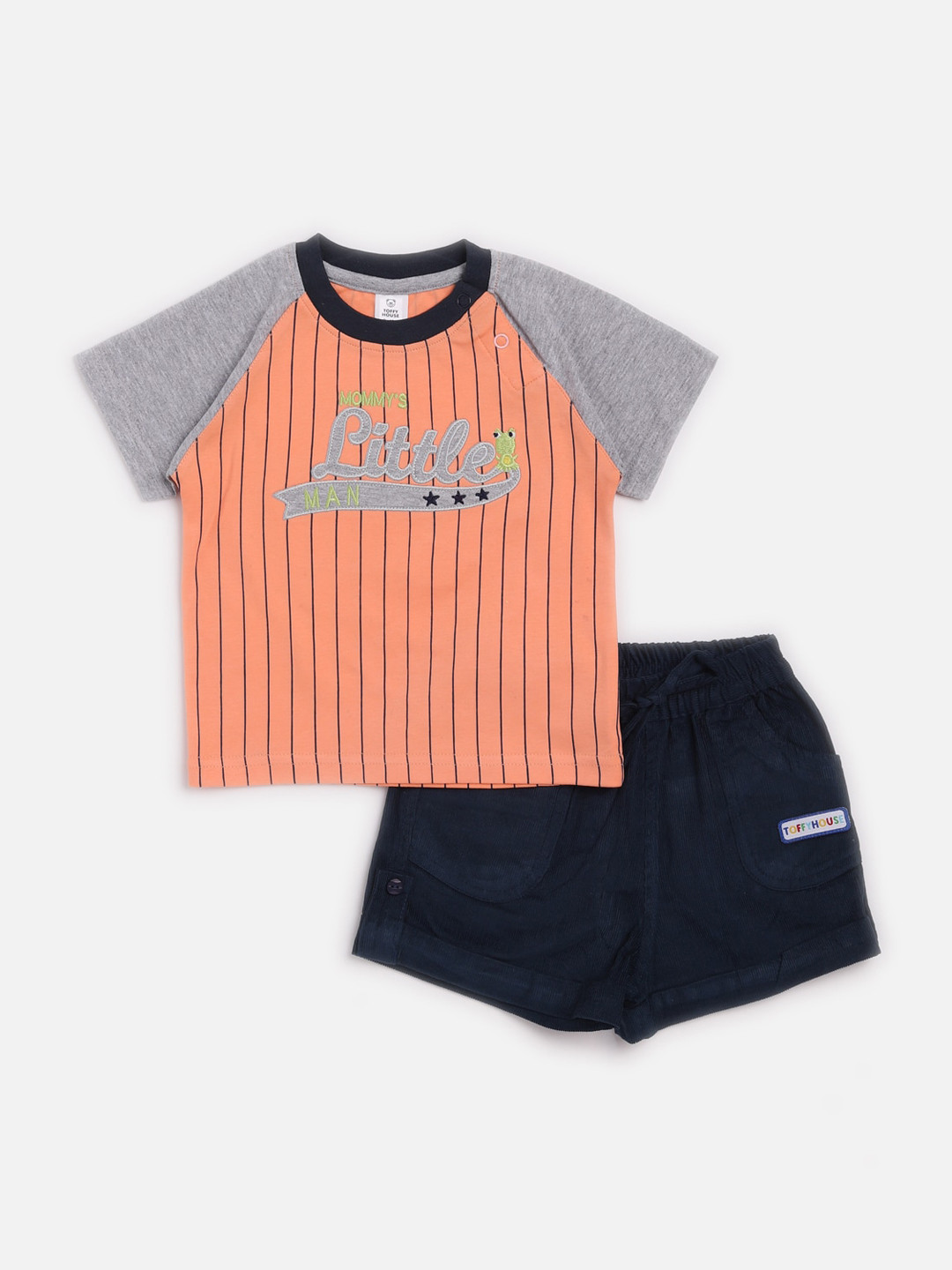 

TOFFY HOUSE Boys Peach-Coloured & Navy Blue Colourblocked Cotton T-shirt with Shorts