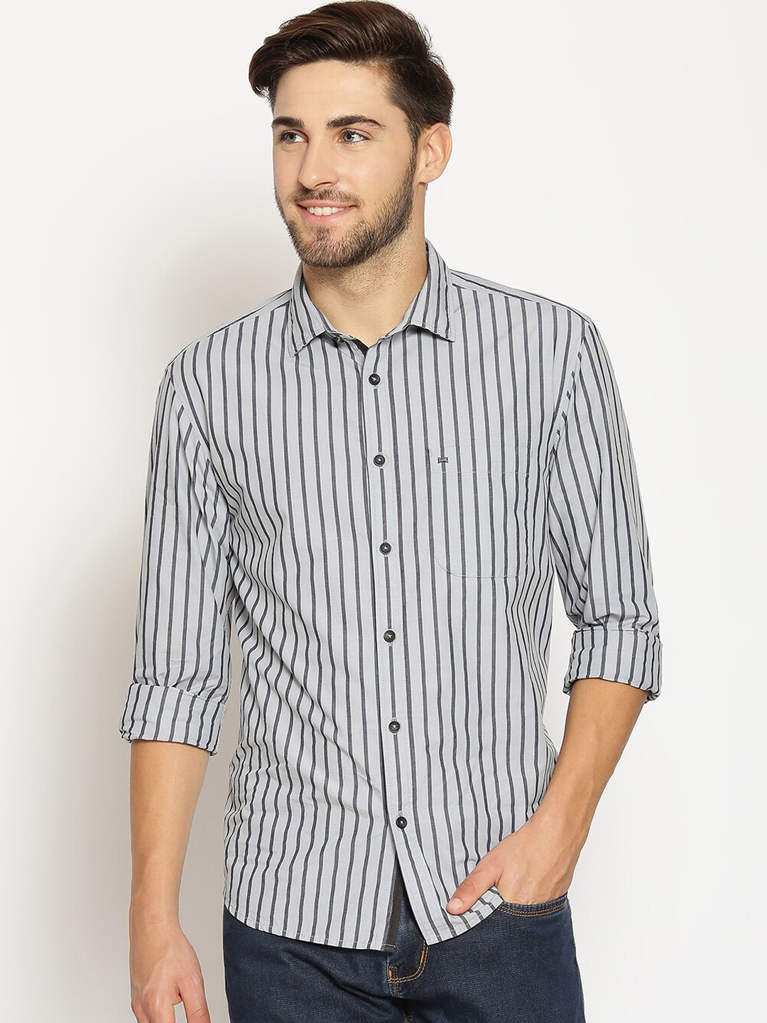 

Basics Men Grey Slim Fit Striped Casual Shirt
