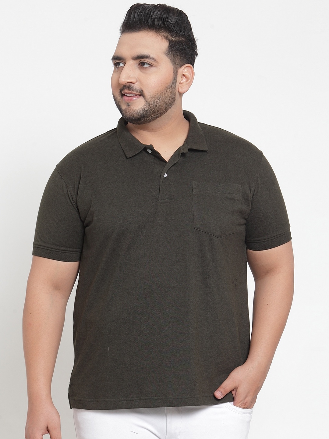

plusS Men Plus Size Olive Green Solid Polo Collar T-shirt