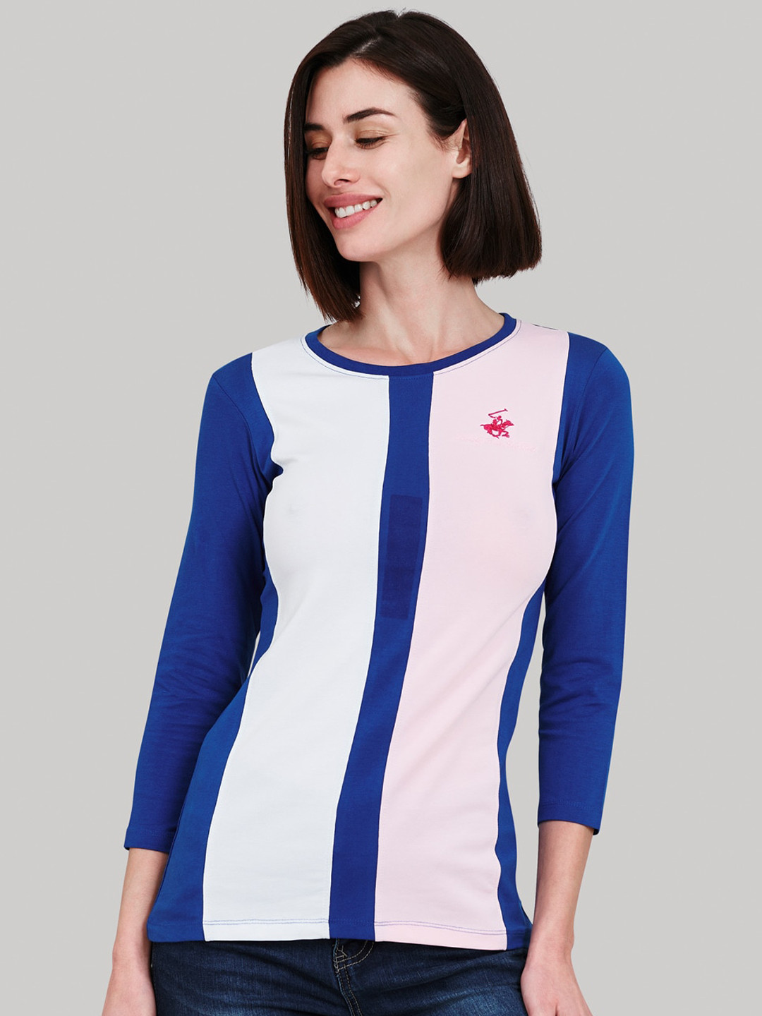 

Beverly Hills Polo Club Women Blue Colourblocked Round Neck T-shirt