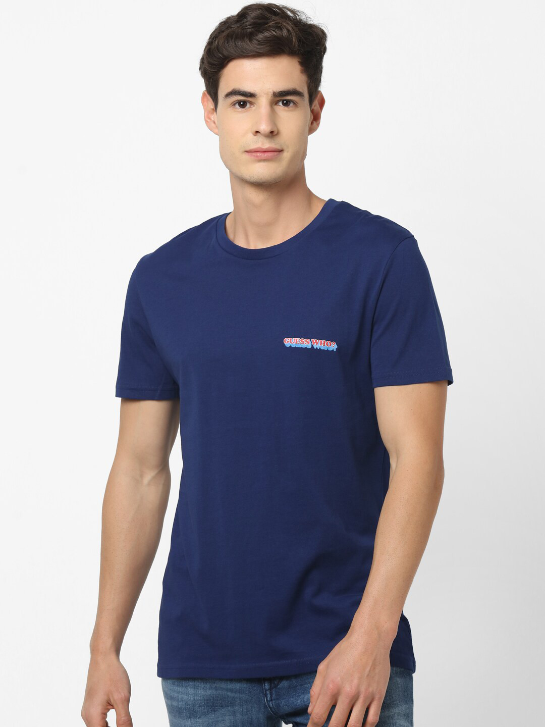 

Celio Men Navy Blue Red Printed Round Neck Pure Cotton T-shirt