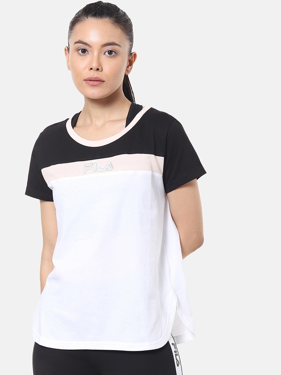 

FILA Women White Colourblocked Round Neck T-shirt