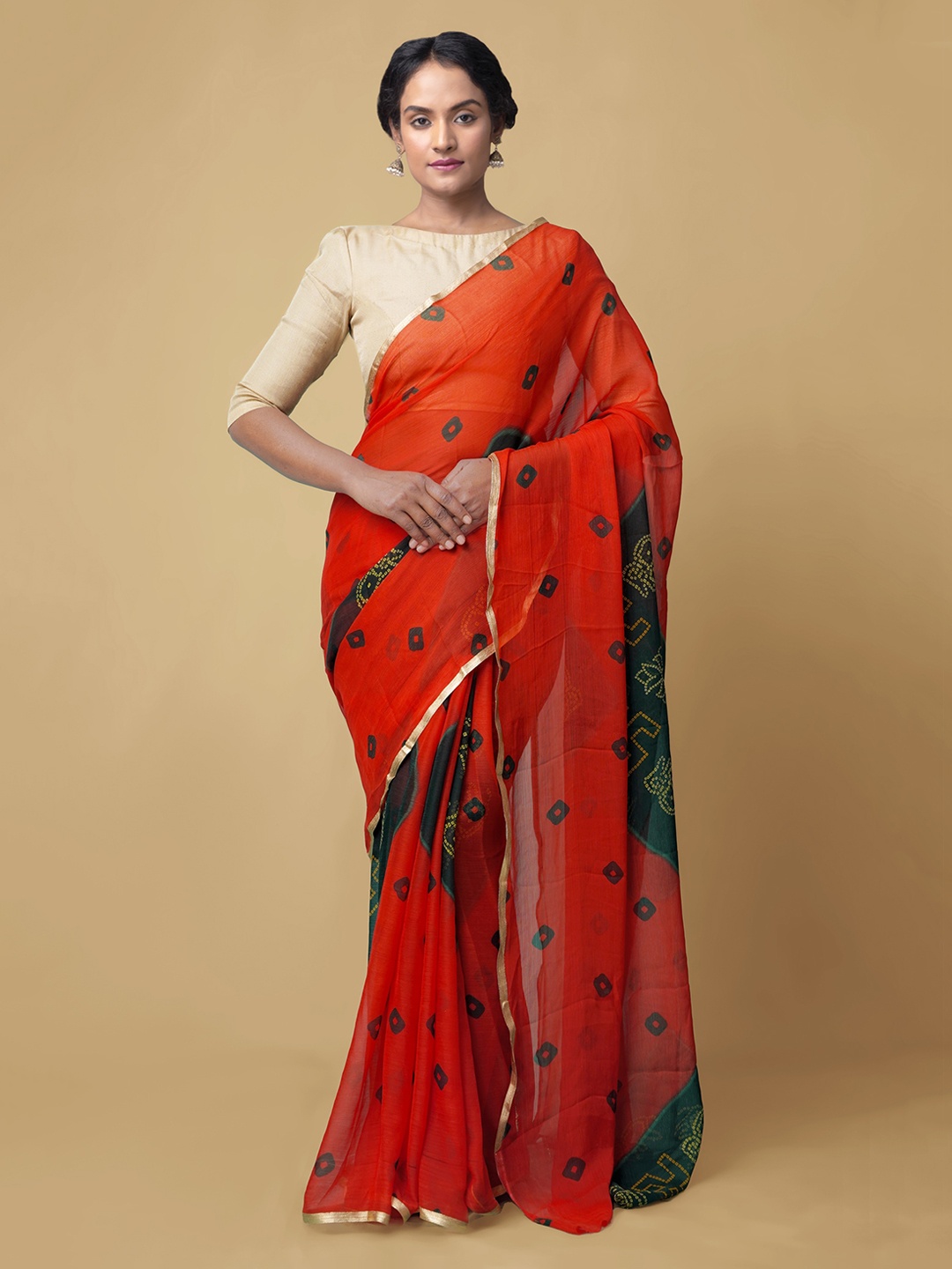 

Unnati Silks Red Pure Chiffon Printed Baluchari Saree