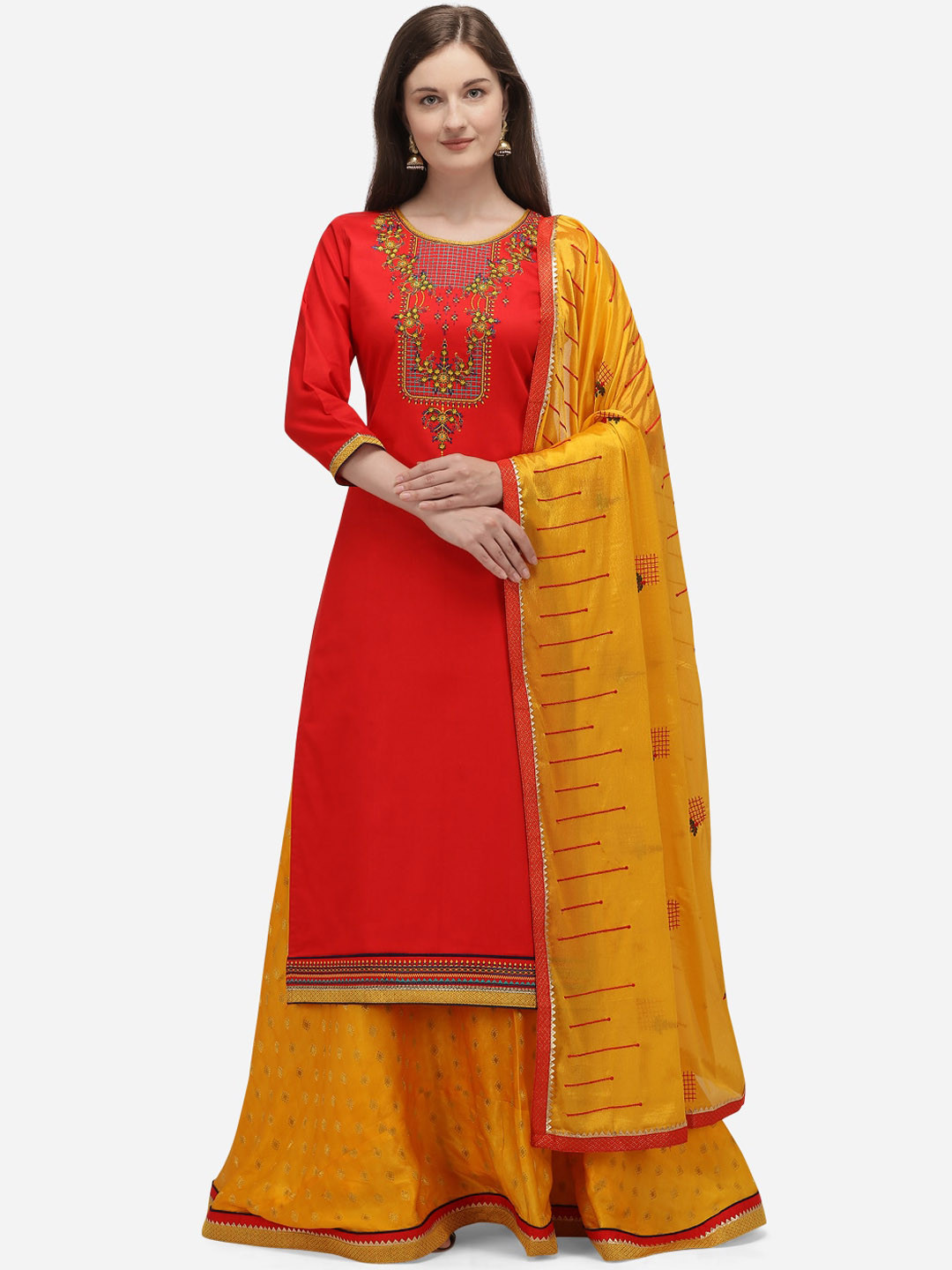 

SheWill Red & Mustard Silk Blend Unstitched Dress Material