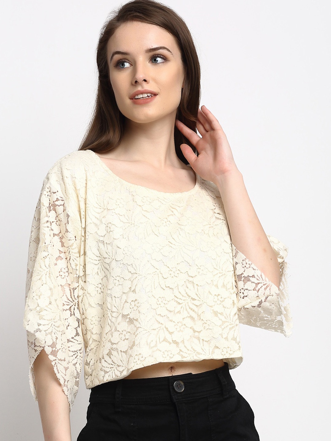 

Just Wow Cream-Coloured Bell Sleeves Lace Boxy Crop Top