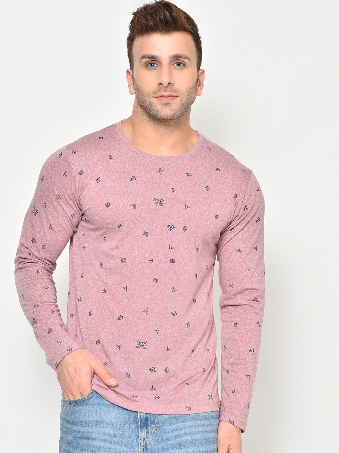 

CHKOKKO Men Pink Printed Round Neck T-shirt