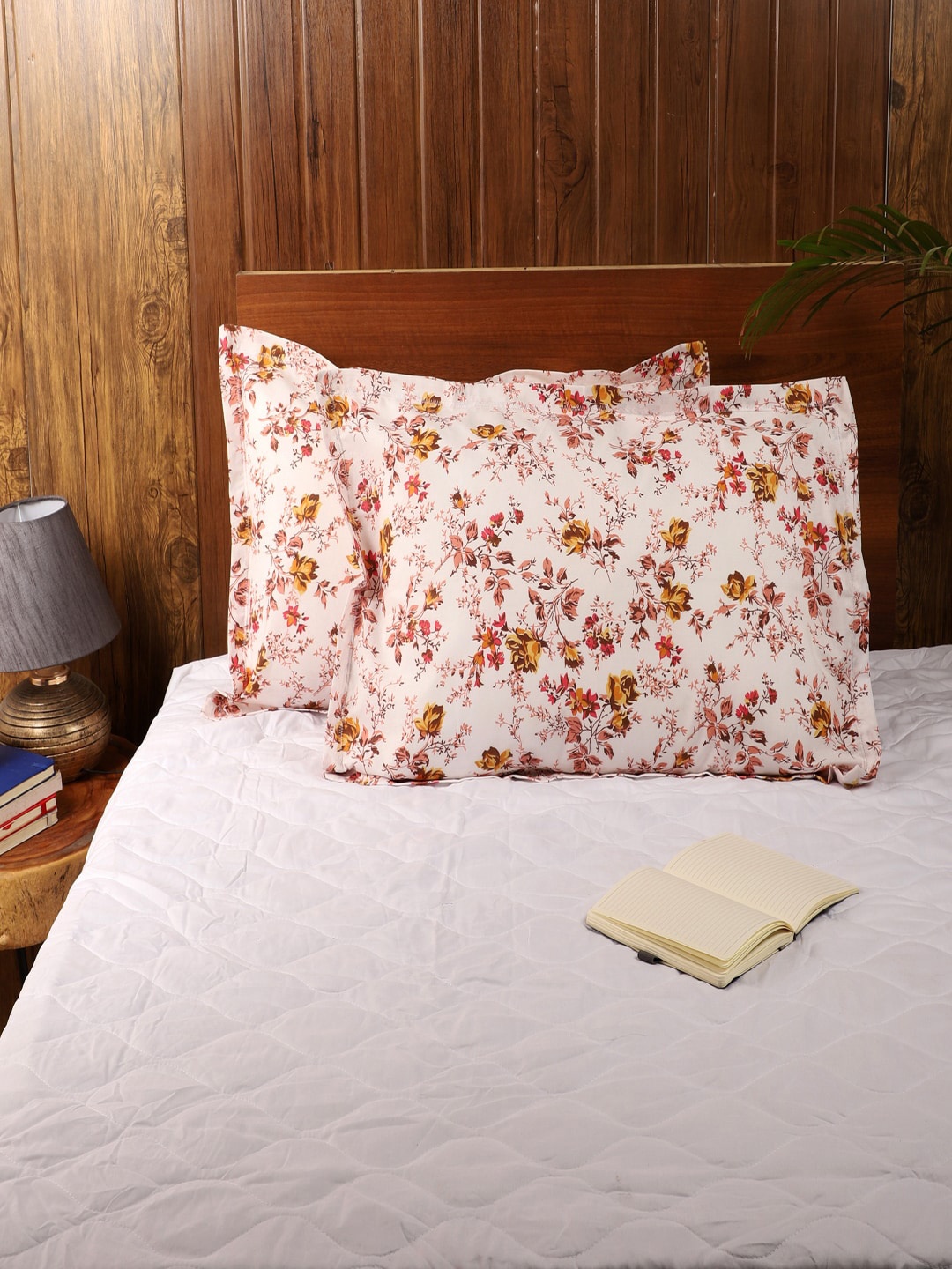 MFD HOME FURNISHING Set of 2 White & Pink Printed Sleep Pillows