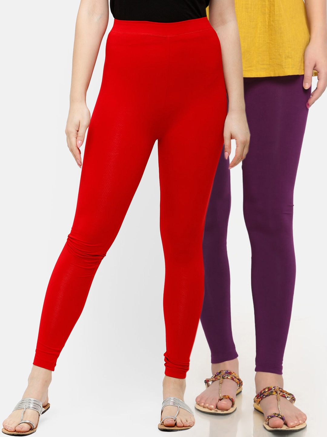 

De Moza Women Purple & Red Pack Of 2 Solid Ankle-Length Leggings