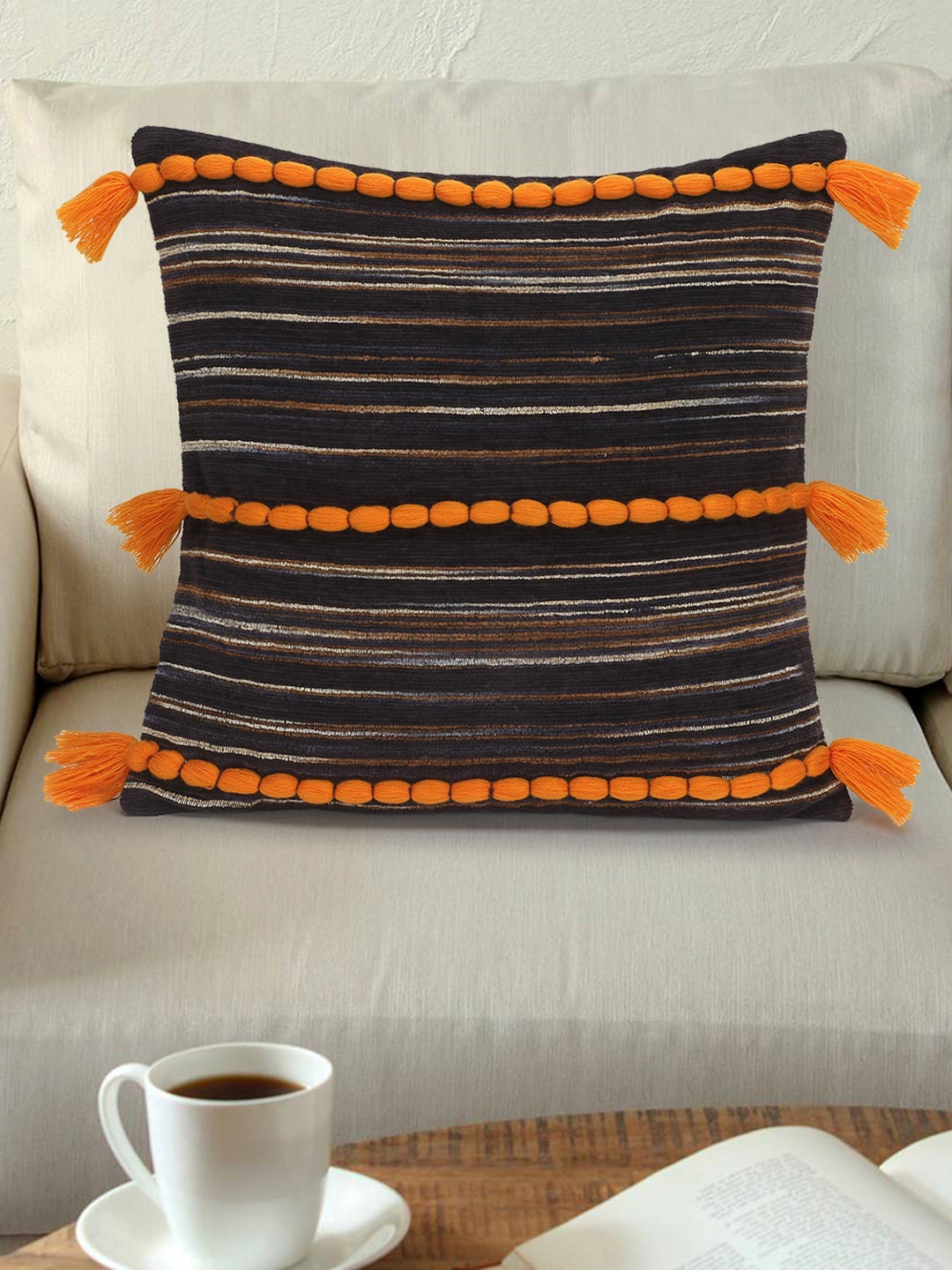 

Mezposh Coffee Brown & White Set of Single Striped Square Cushion Covers