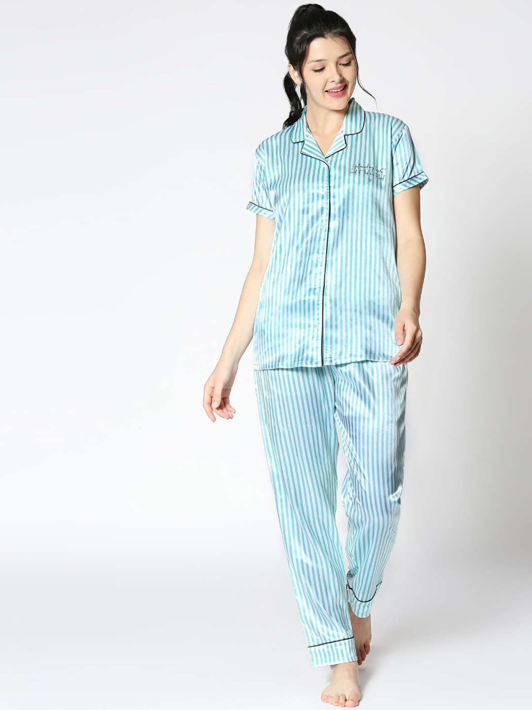 

Zeyo Women Turquoise Blue & White Striped Night suit