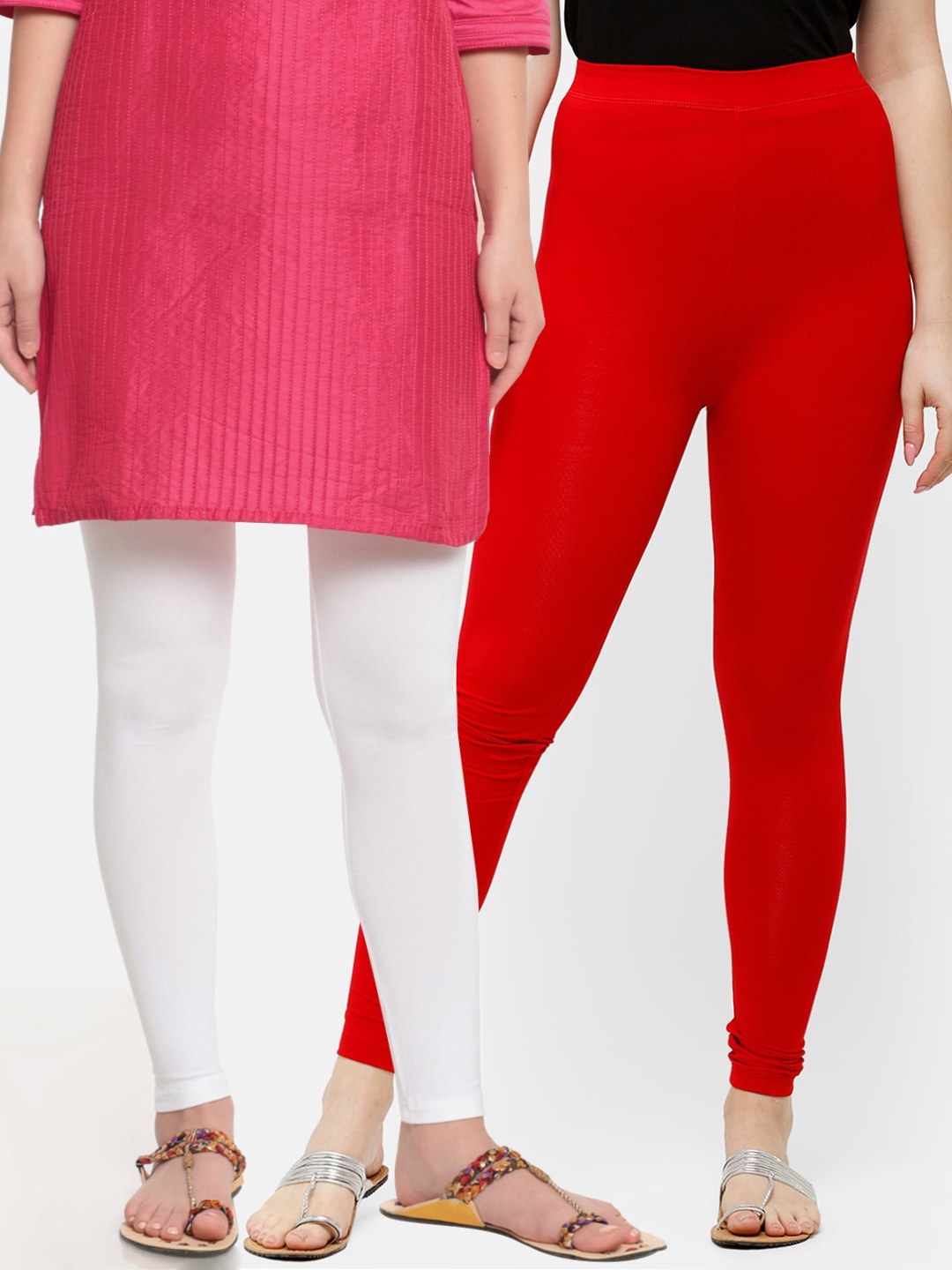 De Moza Women Pack of 2 White & Red Solid Ankle-Length Leggings