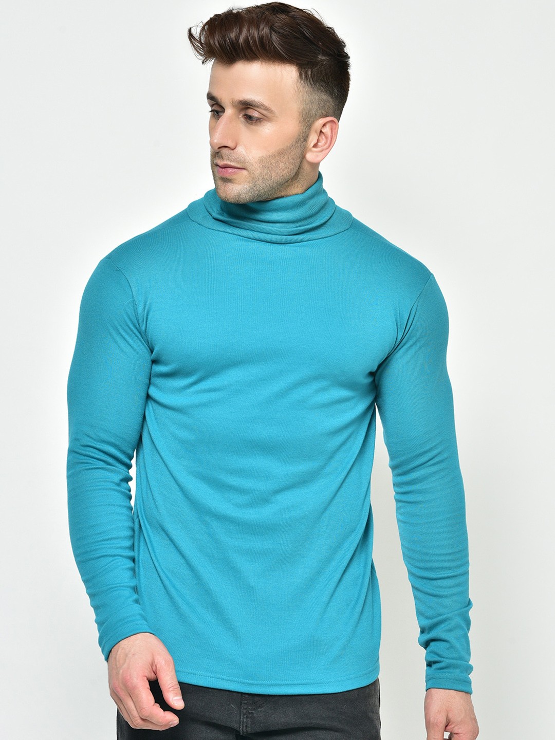 

CHKOKKO Men Sea Green Solid High Neck T-shirt