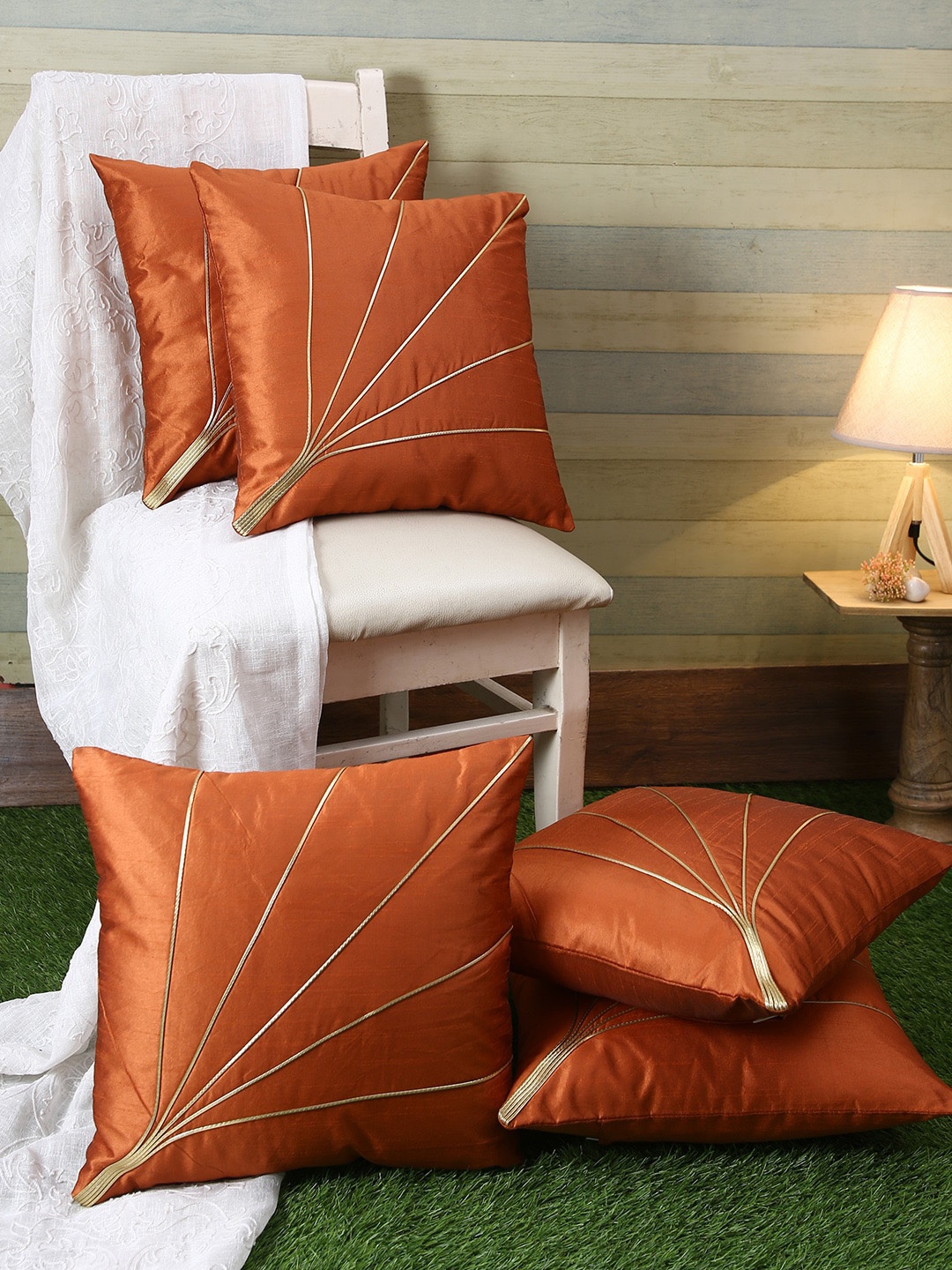 

ROMEE Rust & Gold-Toned Set of 5 Embellished Square Cushion Covers