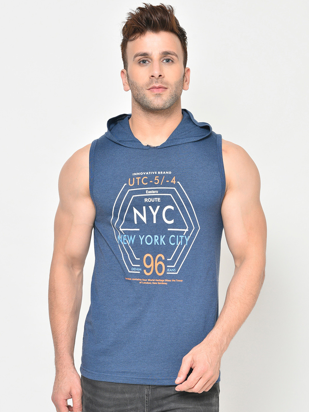 

Chkokko Men Blue Printed Hood Dry Fit Gym T-shirt