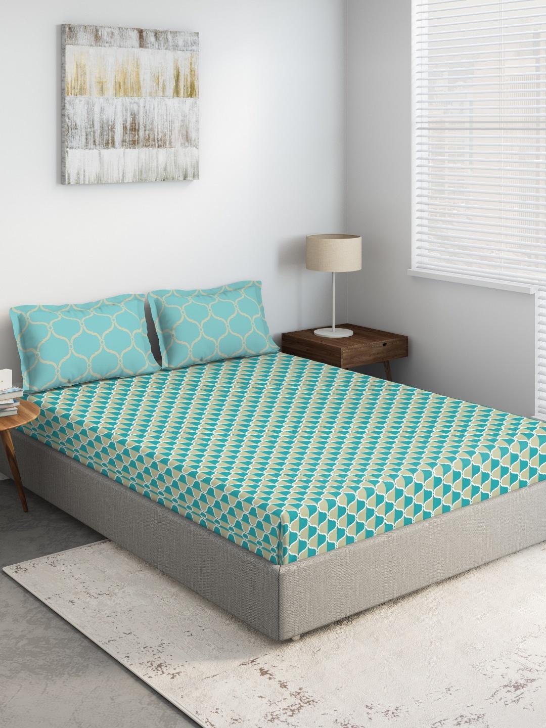 DDecor Sea Green & Beige Geometric 140 TC Cotton 1 Queen Bedsheet with 2 Pillow Covers