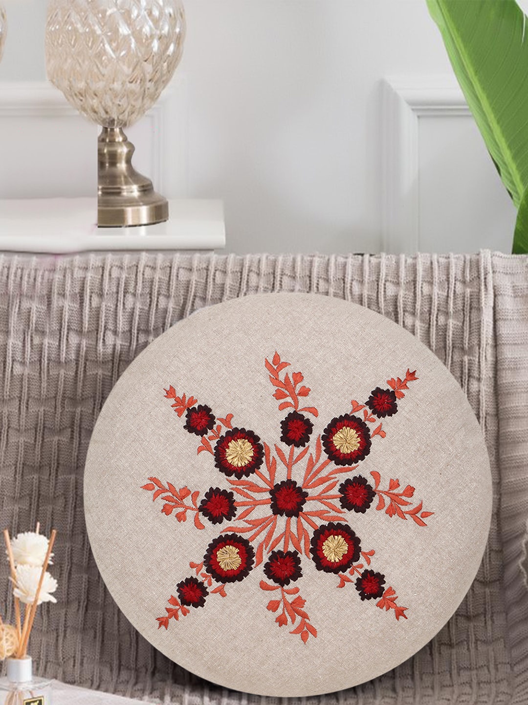 

Mezposh Cream-Coloured & Maroon Set of Single Embroidered Round Cushion Covers