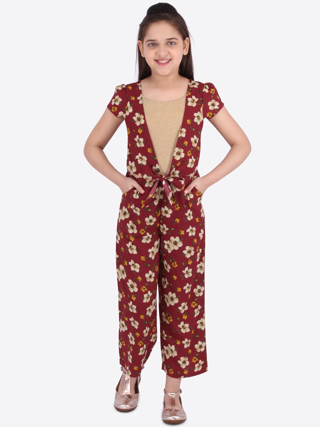 CUTECUMBER Girls Maroon & Beige Printed Culotte Jumpsuit