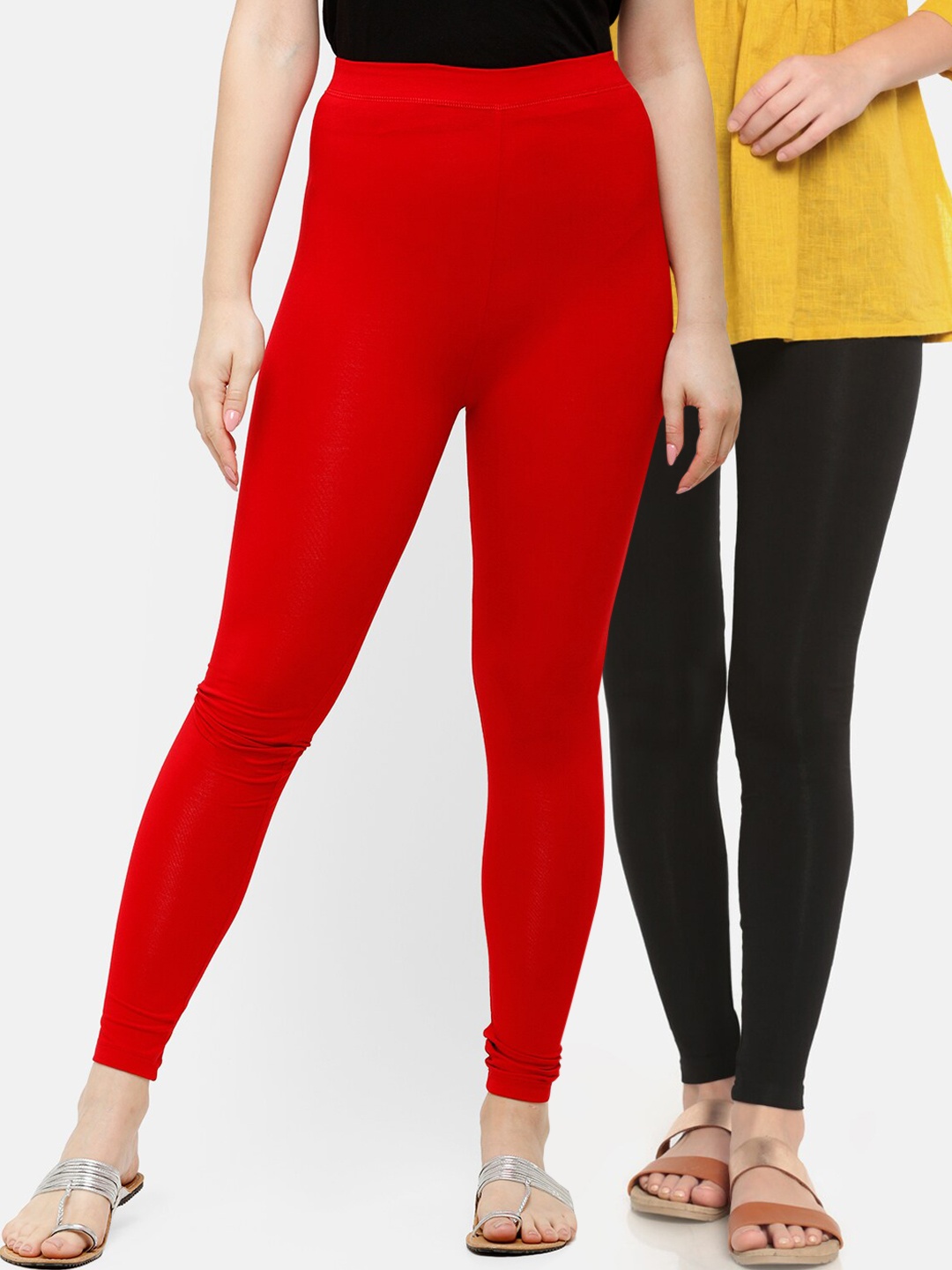 

De Moza Women Pack Of 2 Black & Red Solid Ankle-Length Leggings