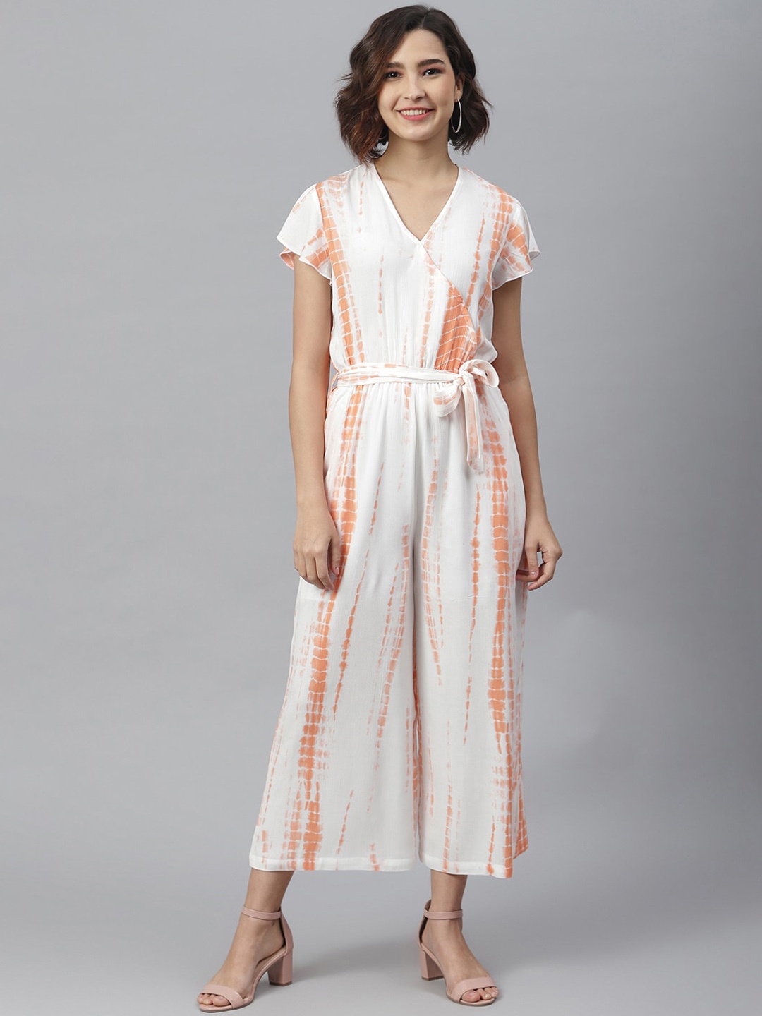 

StyleStone Women White & Coral Printed Basic Jumpsuit