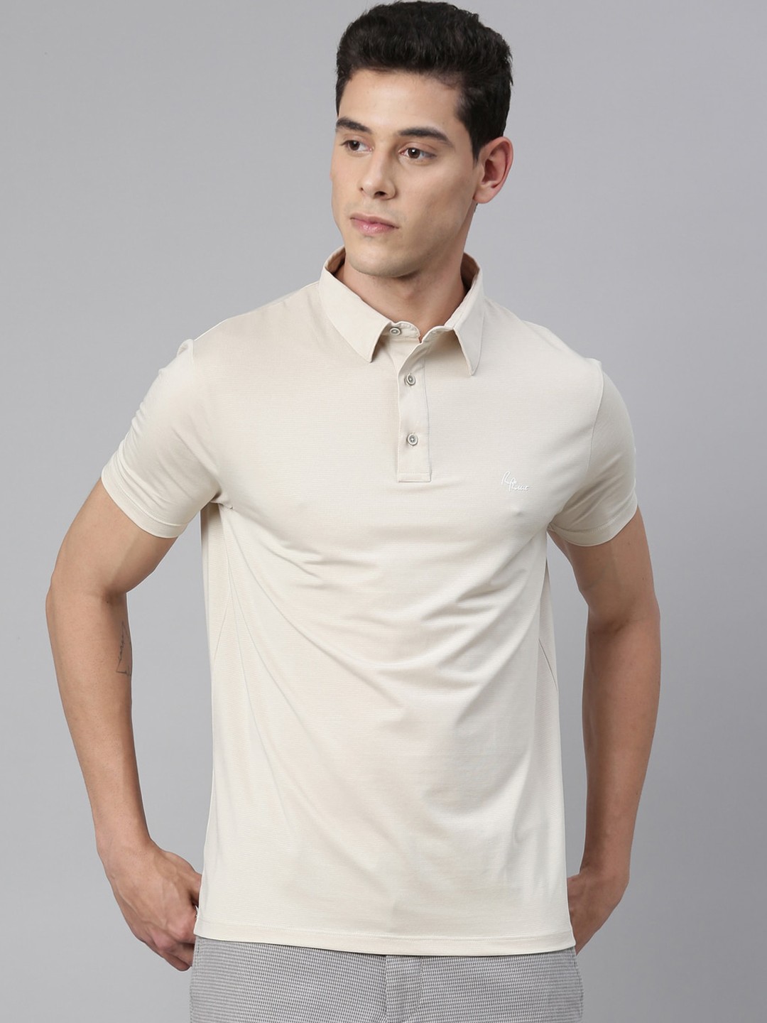 

RARE RABBIT Men Beige Solid Polo Collar T-shirt