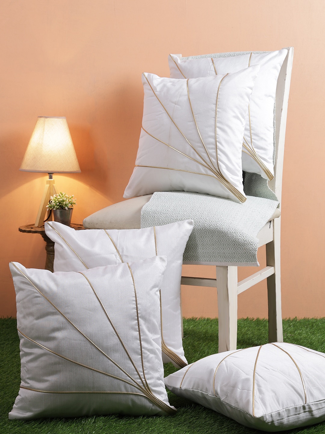 

ROMEE White & Gold-Toned Set of 5 Embellished Square Cushion Covers