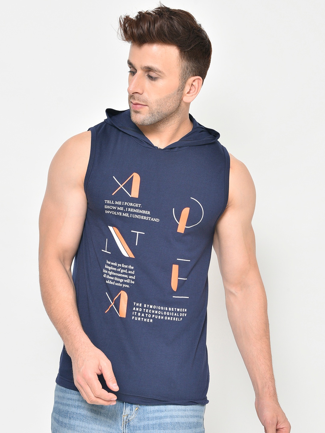 

CHKOKKO Men Navy Blue Printed Hood T-shirt