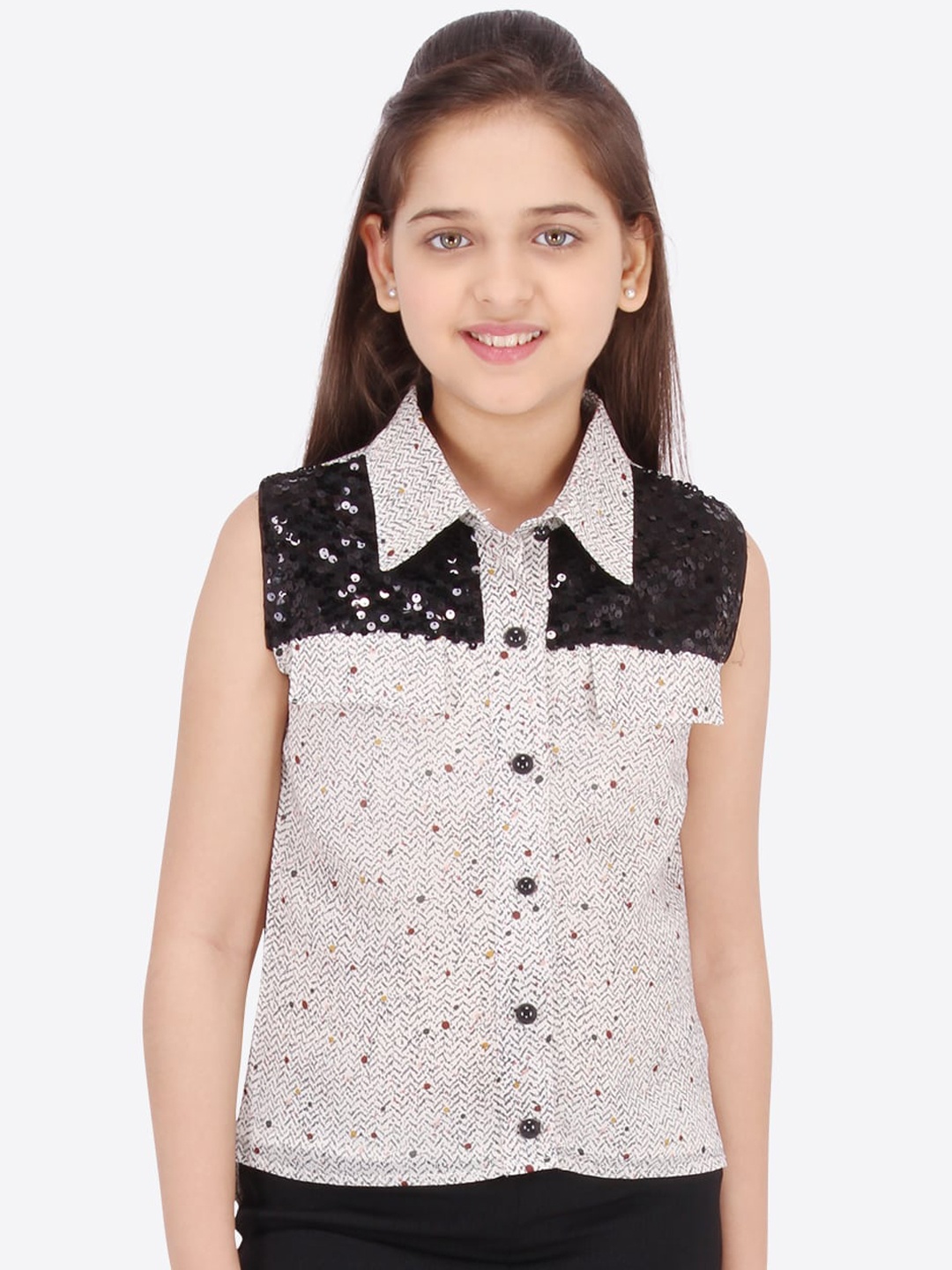 

CUTECUMBER Cream-Coloured & Black Printed Georgette Shirt Style Top