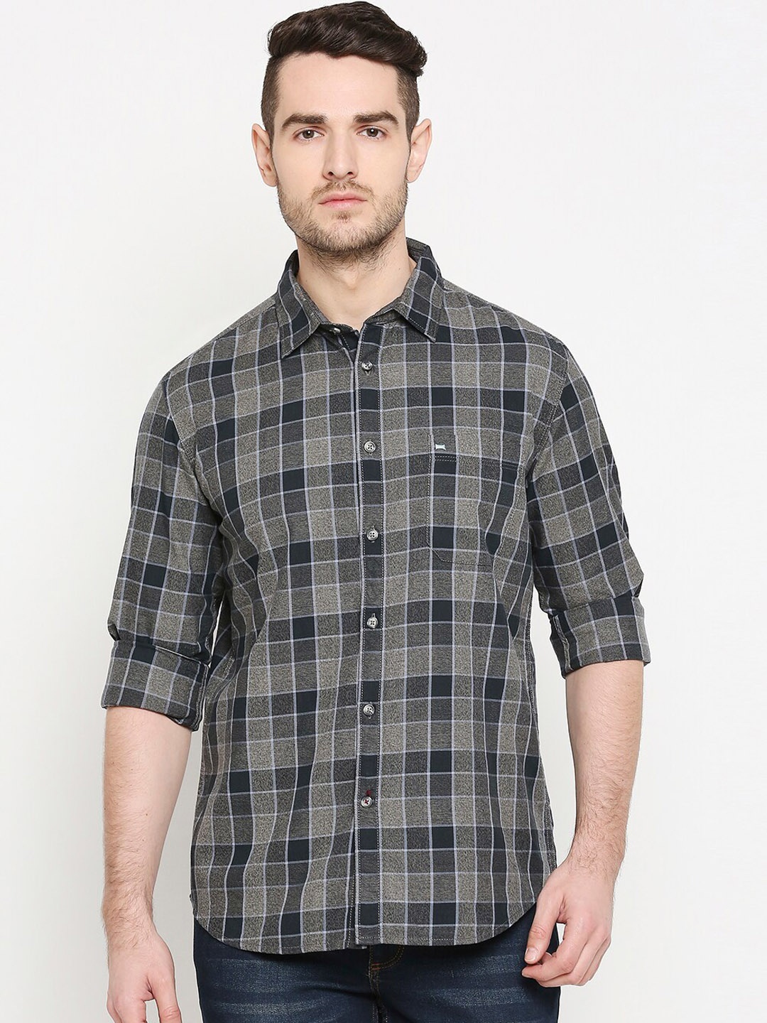 

Basics Men Grey Slim Fit Checked Casual Shirt