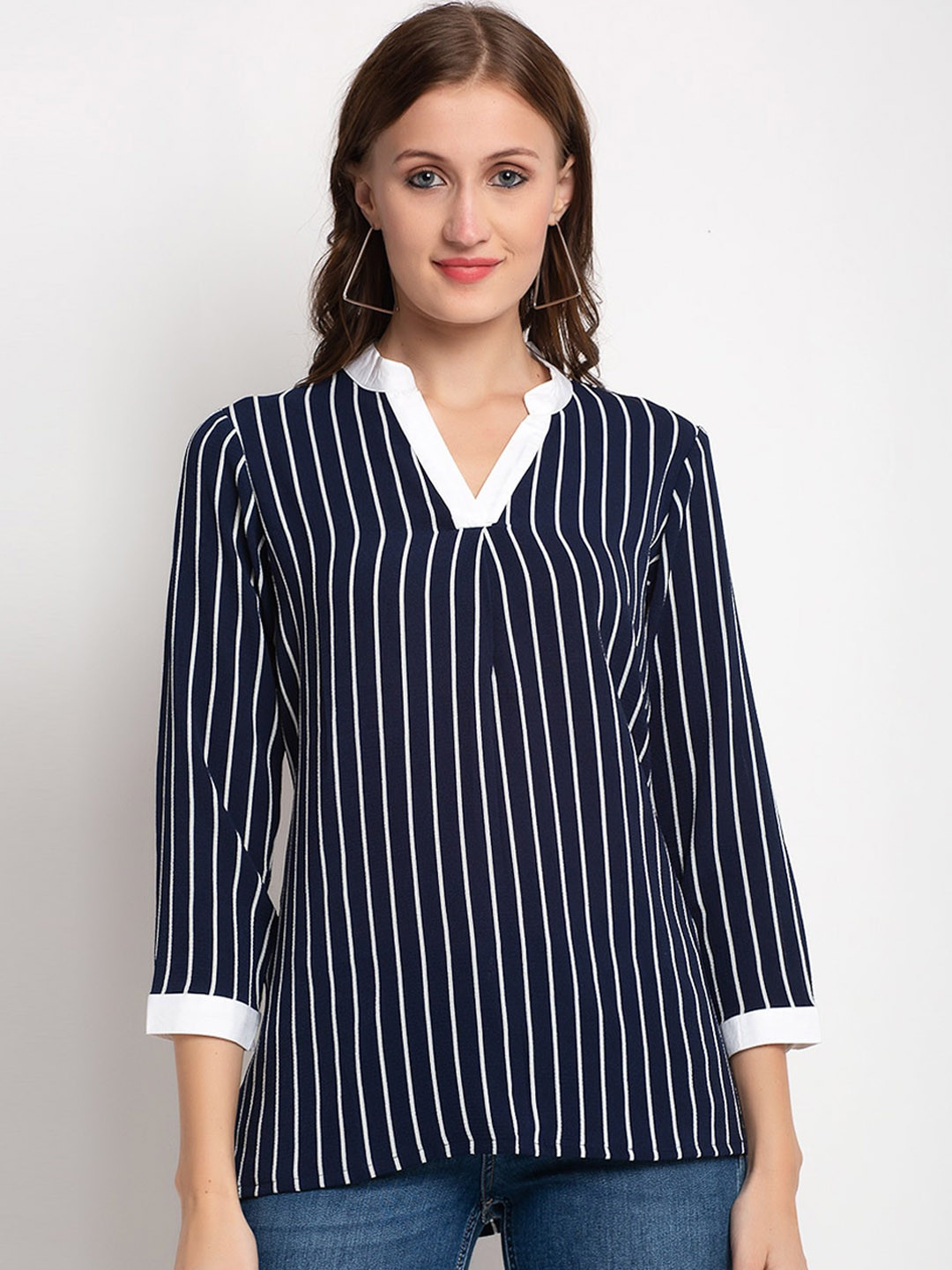 

Aujjessa Navy Blue Striped Mandarin Collar Chiffon Regular Top
