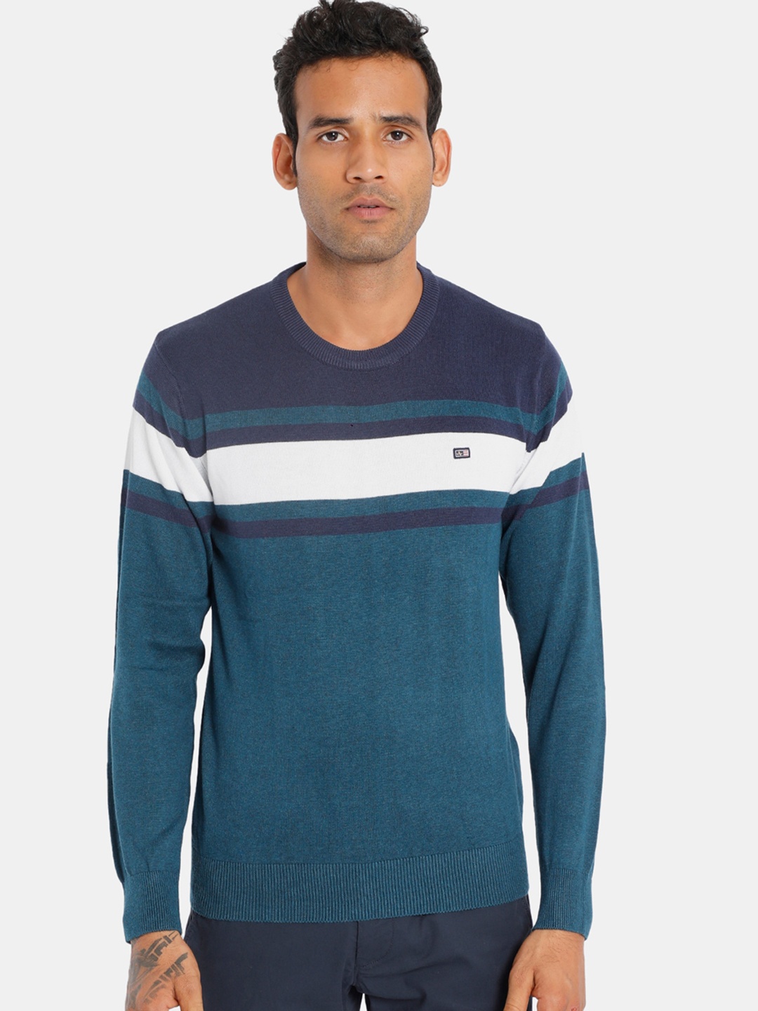 

Arrow Sport Men Teal Blue Striped Pullover Sweater