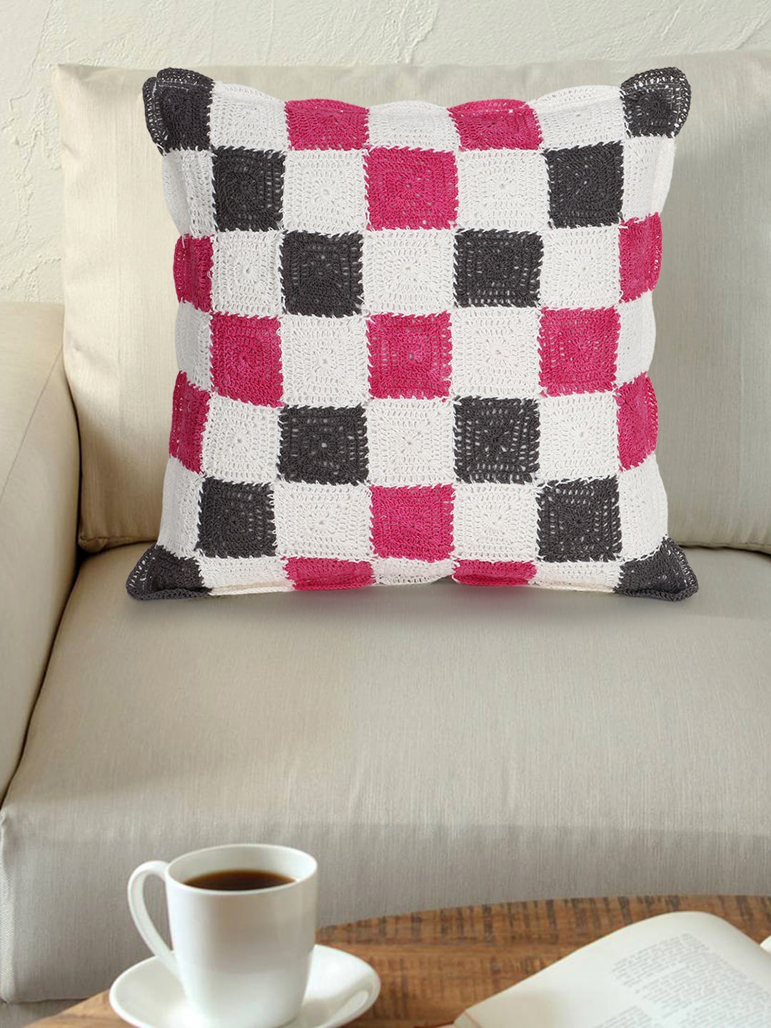 

Mezposh White & Pink Single Embroidered Square Cushion Cover