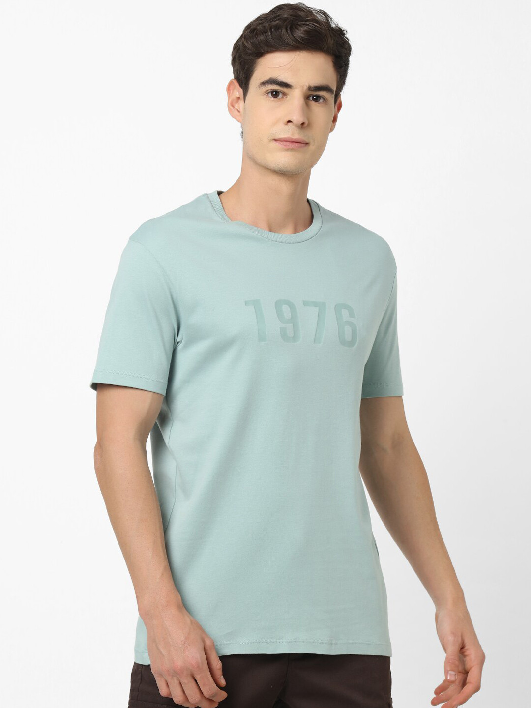 

Celio Men Sea Green Printed Round Neck Pure Cotton T-shirt