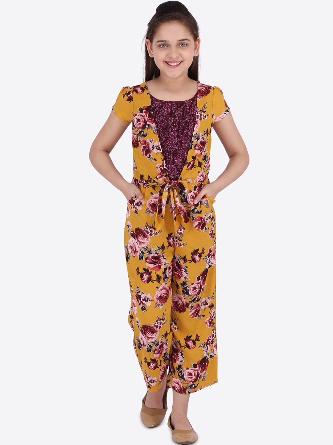 

CUTECUMBER Girls Mustard Yellow & Maroon Floral Printed Culotte Jumpsuit