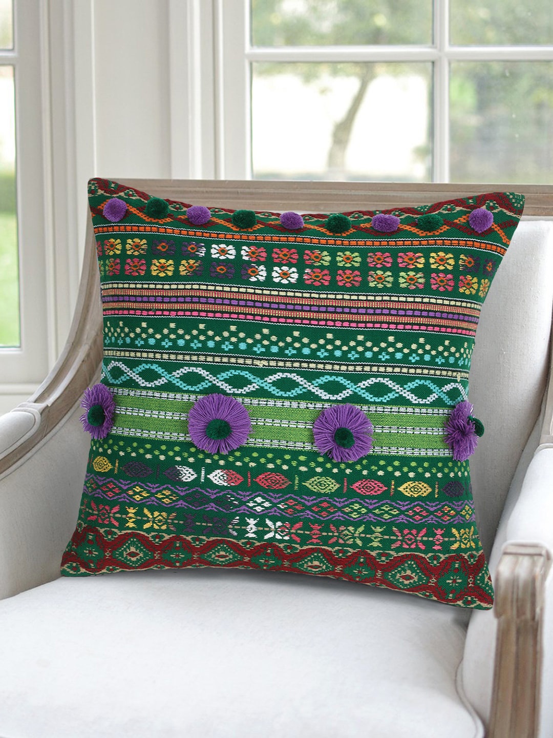 

Mezposh Green & Purple Set of Single Ethnic Motifs Square Cushion Covers