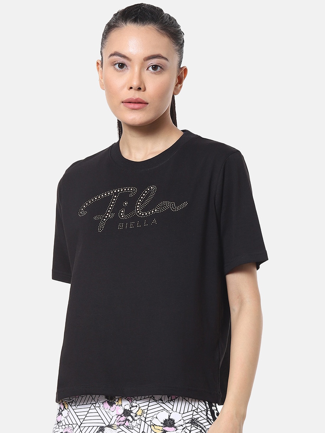 

FILA Women Black Printed Round Neck T-shirt