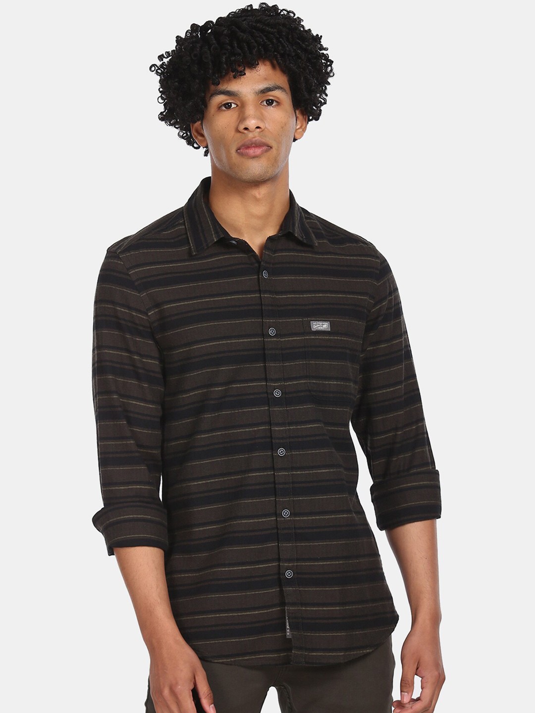 

U.S. Polo Assn. Denim Co. Men Brown & Black Regular Fit Striped Pure Cotton Casual Shirt