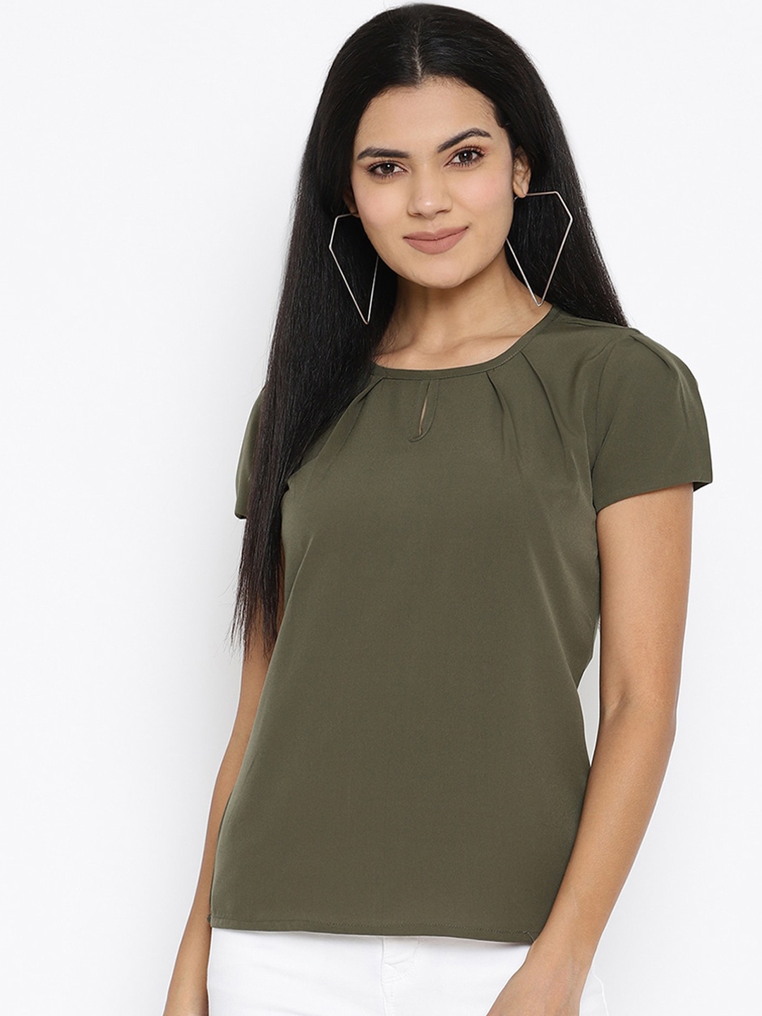 

THREAD MUSTER Olive Green Keyhole Neck Crepe Regular Top