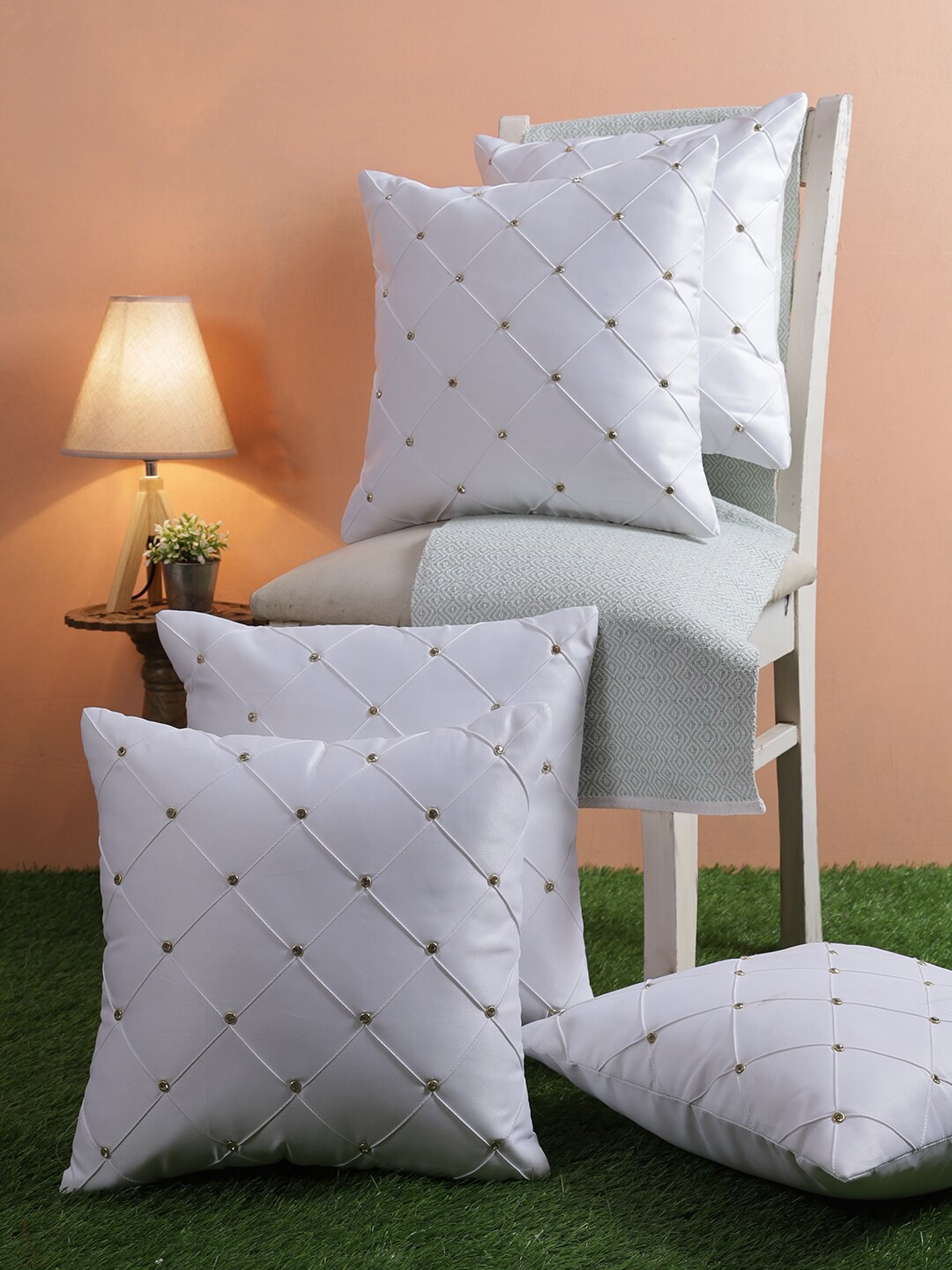 

ROMEE White & Gold-Toned Set of 5 Geometric Square Cushion Covers