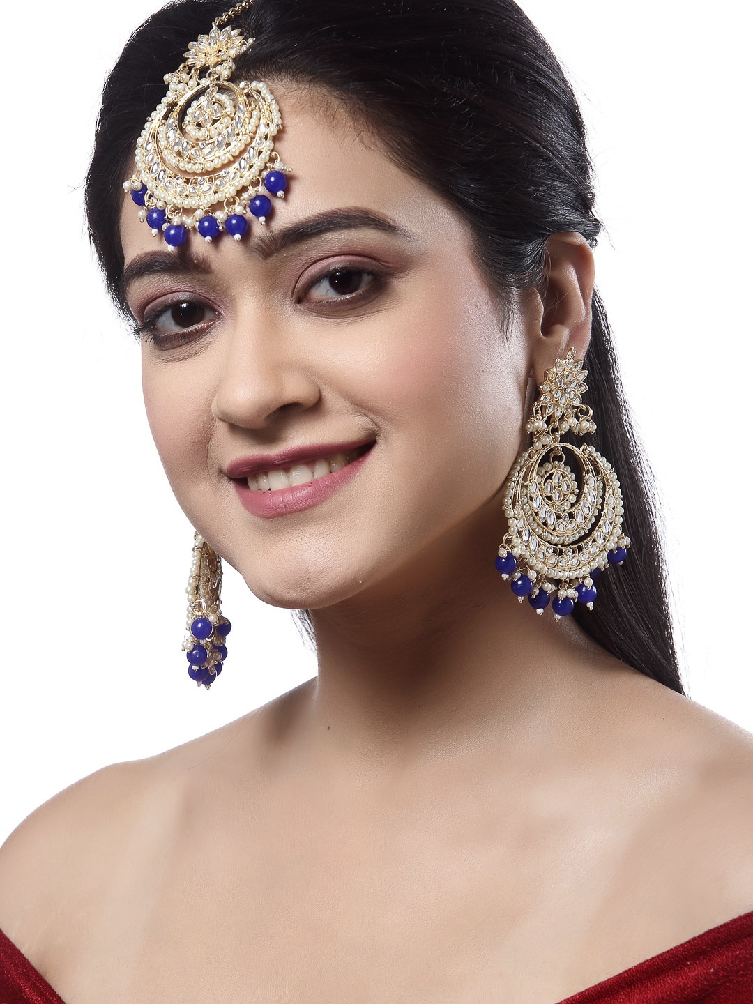 

Shining Diva 18K Gold-Plated White & Blue Kundan-Studded & Beaded Antique Jewellery Set