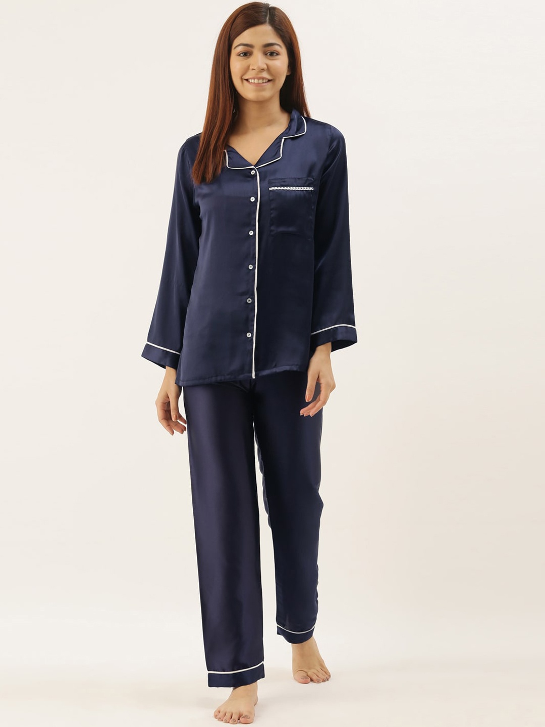 Bannos Swagger Women Navy Blue & White Solid Night Suit