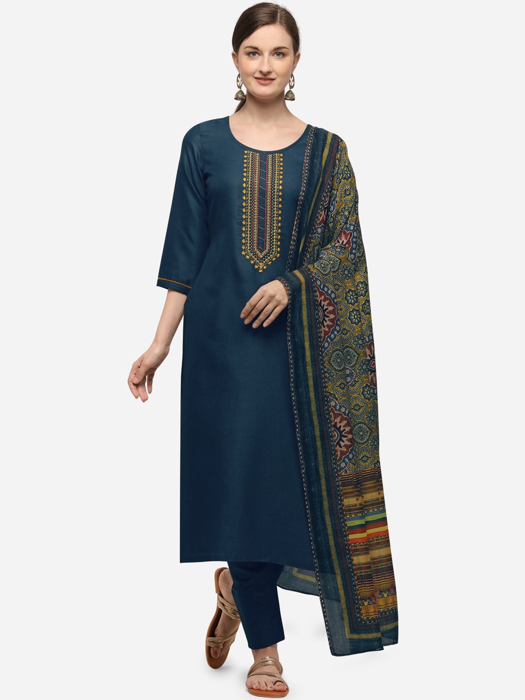 

SheWill Navy Blue & Yellow Cotton Blend Unstitched Dress Material