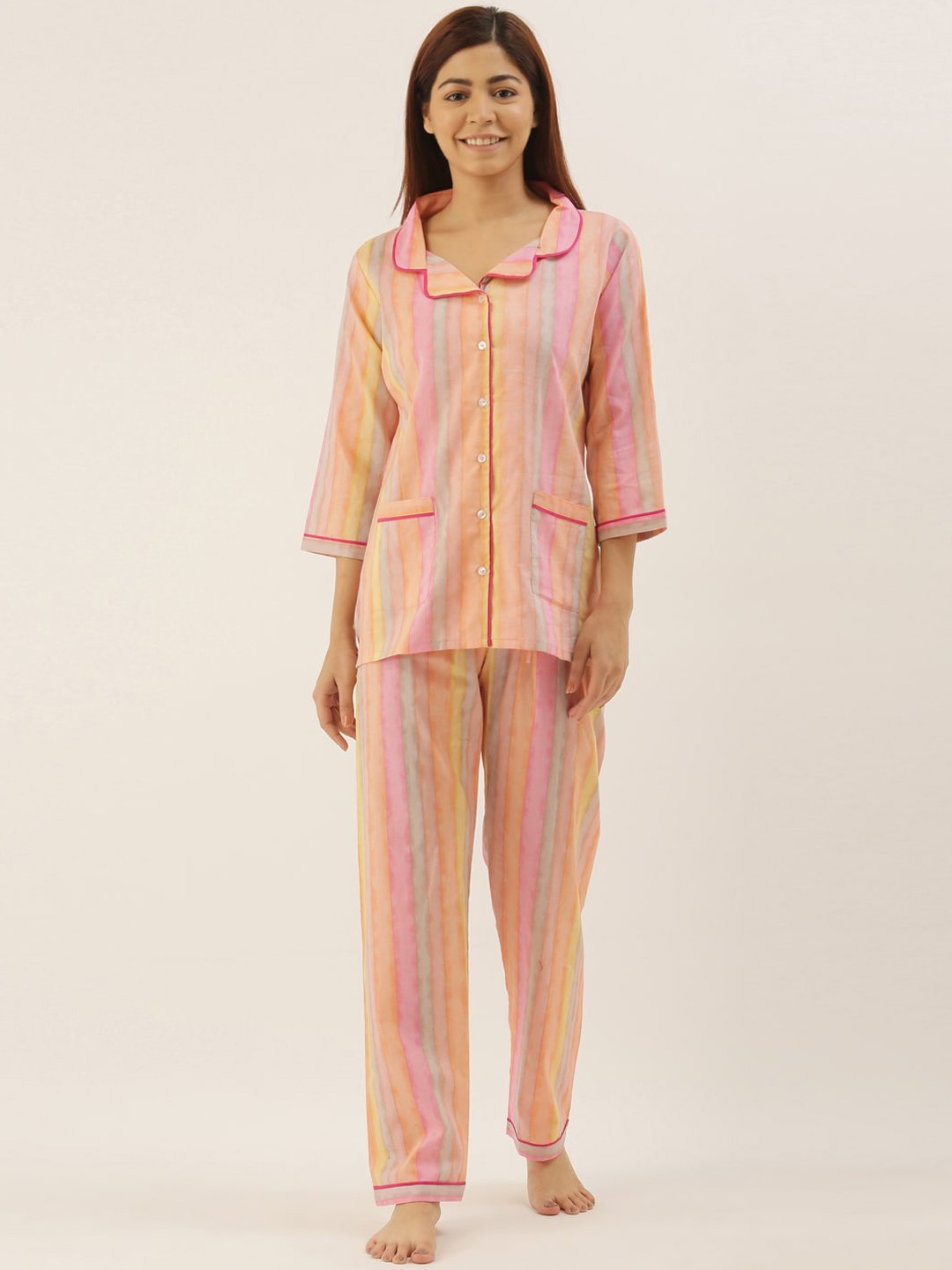 

Bannos Swagger Women Pink & Yellow Striped Pure Cotton Night suit