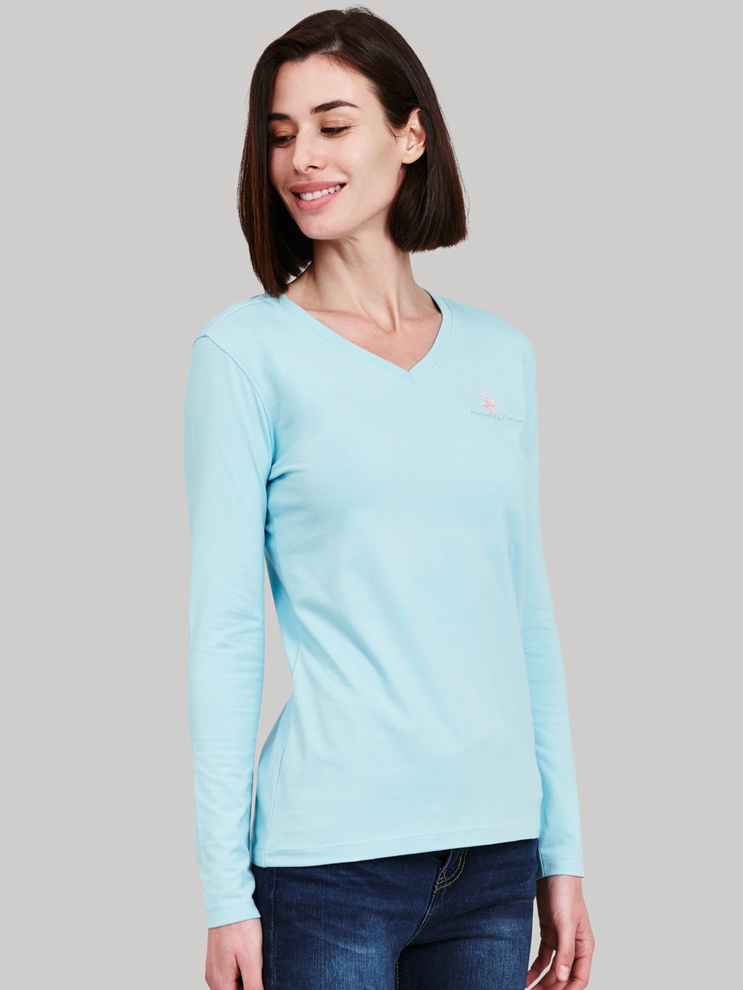 

Beverly Hills Polo Club Women Turquoise Blue Solid V-Neck T-shirt